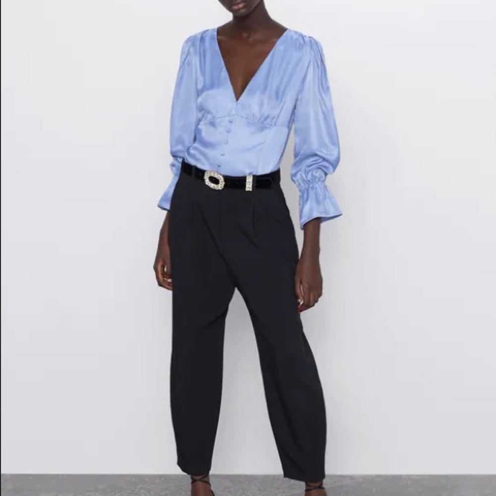 🛑SOLD🛑 Zara Satin Effect Button Top Long Sleeve Top Periwinkle - Picture 2 of 12